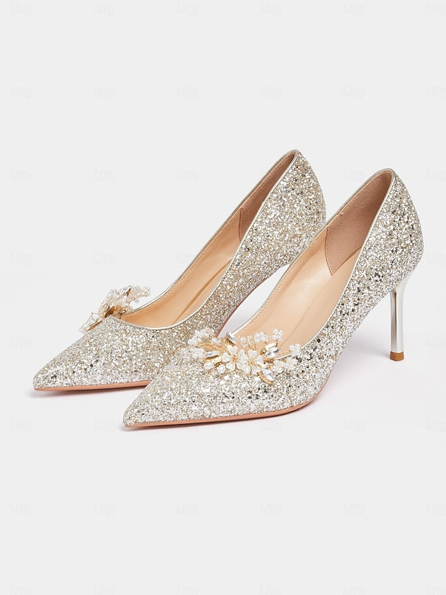 Heels Silver Glitter with Stiletto Floral Women's