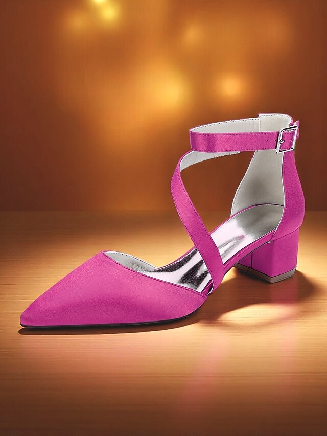 Satin Pointed Toe Champagne Heels Block Women's -