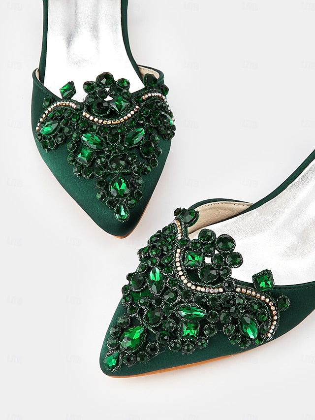 Pointed-Toe – Embellished Vintage Green Flats Style Gemstone
