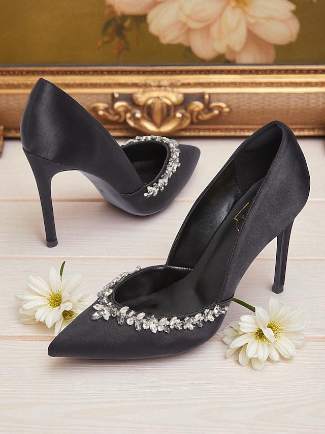 Pointed Embellishment Crystal Women's with Toe Heels Satin