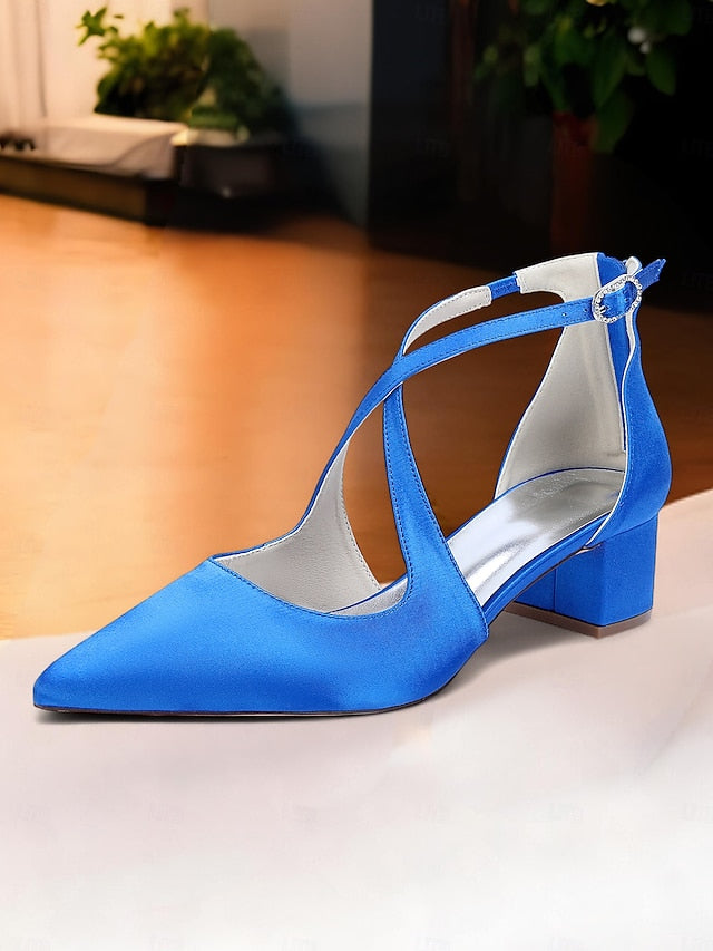 Elegant Ivory Heels Satin Block Pointed Women's Toe -