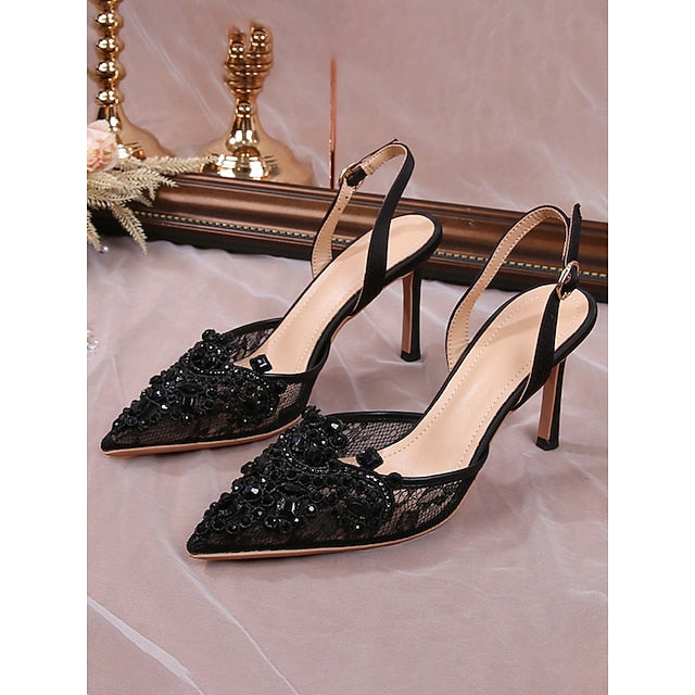 Pearl-Embellished Kitten Pointed-Toe with White Slingback Heel