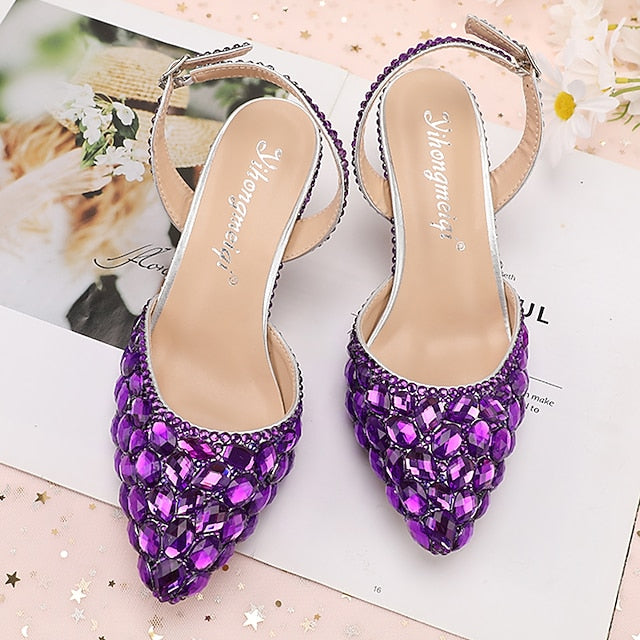 High Rhinestone Slingback Heels Pointed-Toe Women's Crystal