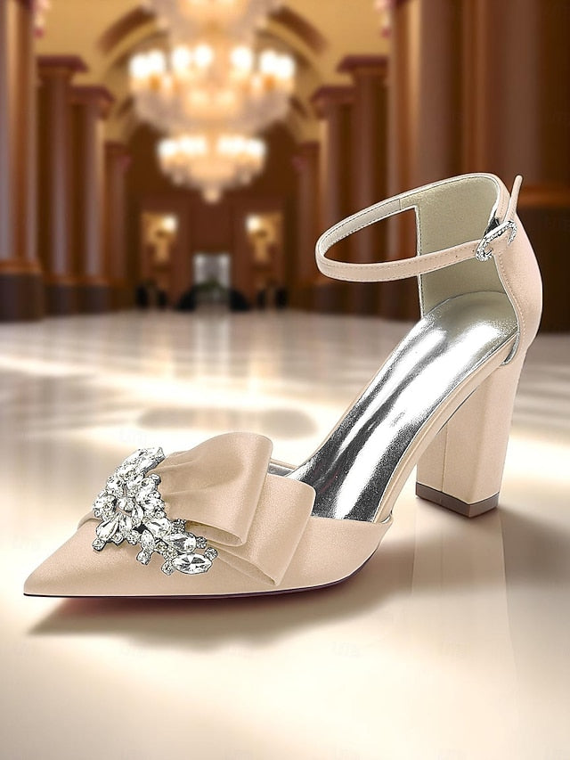 Satin Women's and Block Heel Pumps Crystal Bow with