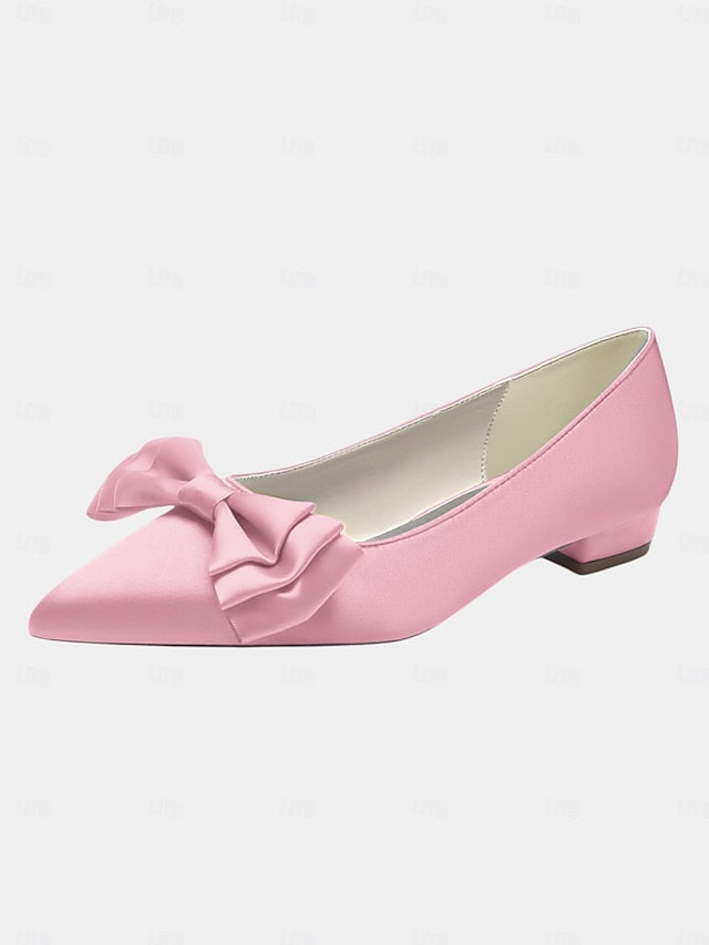 Green Bow Elegant Pointed Toe - Satin Flats Women's
