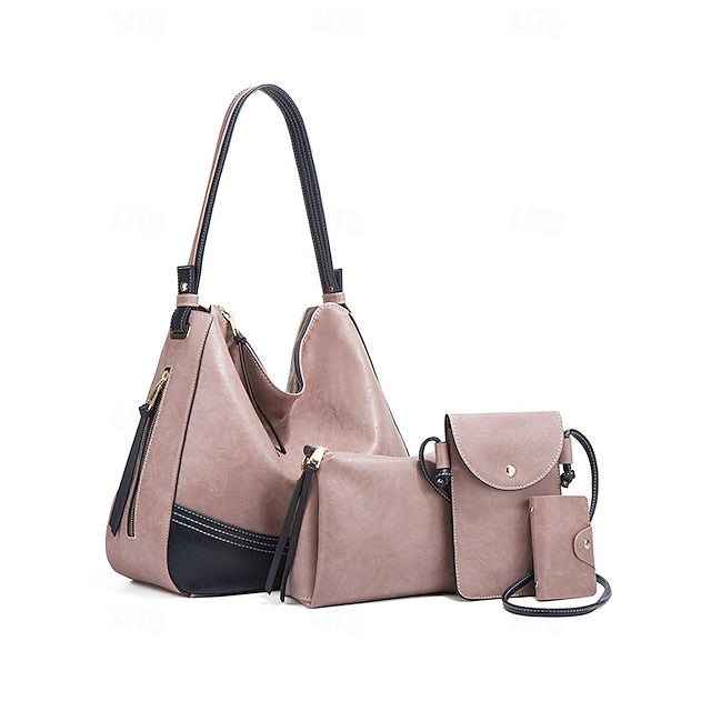 Faux Leather Shoulder 4-Piece Handbag Bag Women's – Set