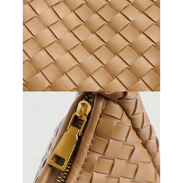 – Leather Round Woven Chic Women's Elegant Ivory Hobo Bag