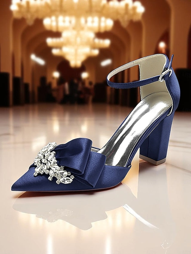Satin Women's and Block Heel Pumps Crystal Bow with