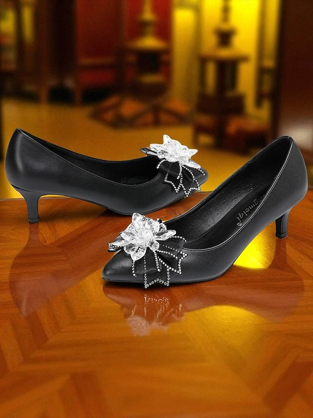 Women's Wedding White Bow Shoes Crystal with Low Heel