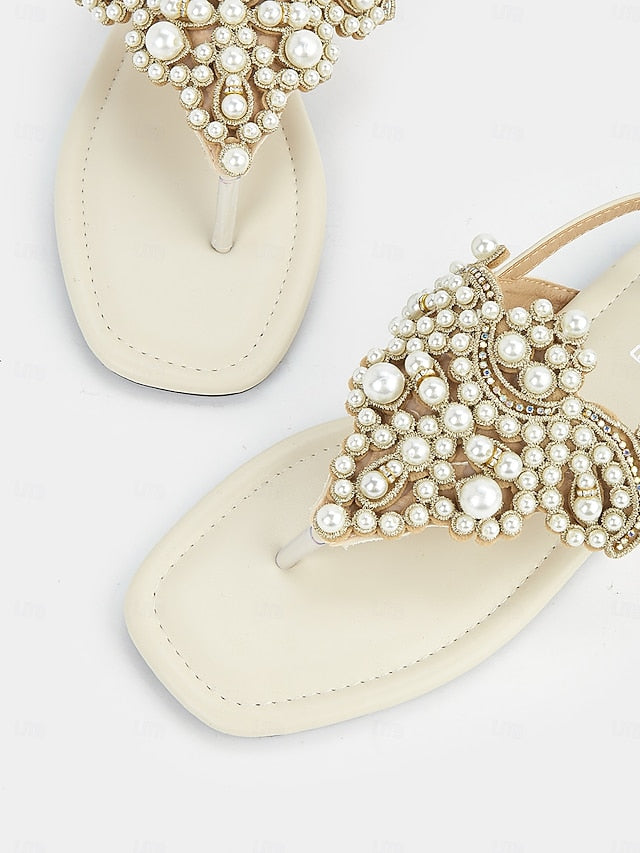 Pearl-Embellished Flat Women's Sandals Elegant – T-Strap