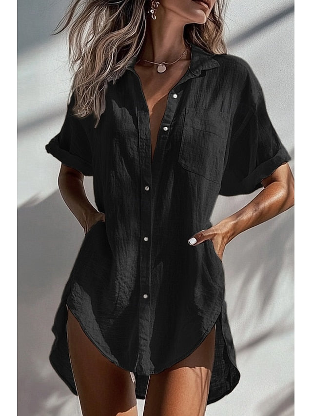 Women's Shirt Cotton Blend Button Up Blouse Plain Basic