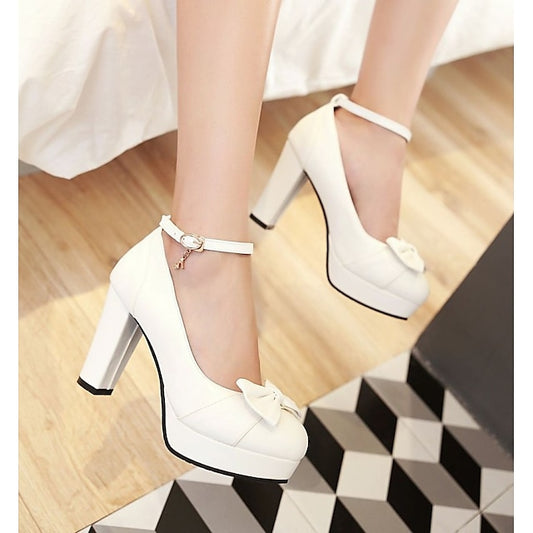 Chunky White with Women's – Elegant Detail Heels Bow
