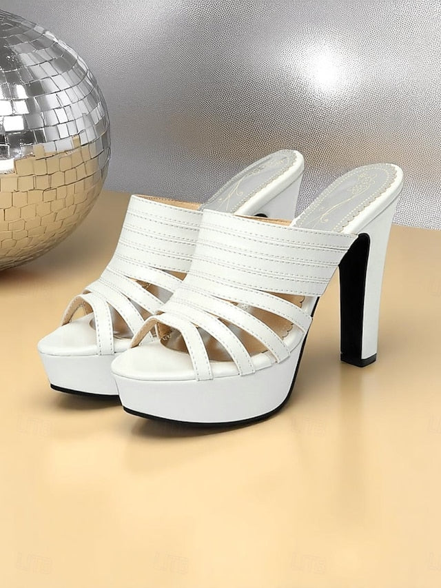 White Open-Toe Strappy Mule Women's Heels - Platform