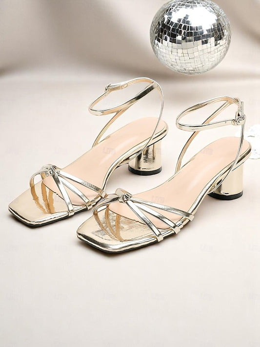 Gold Block Ankle Women's Heels Shiny Metallic Strap –