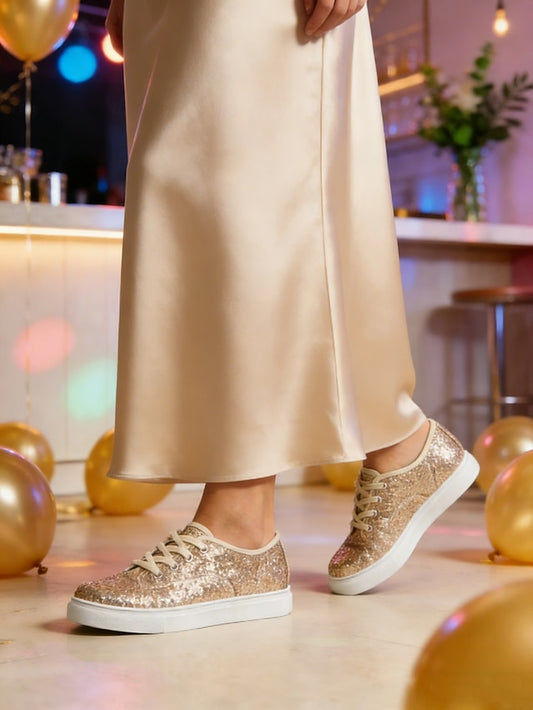 Women's Gold Glitter Lace-Up Sneakers – Sparkly Low-Top