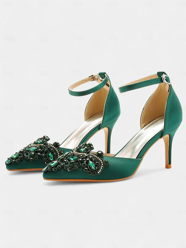 Women's Strap Emerald – Ankle Pointed Satin Green Heels