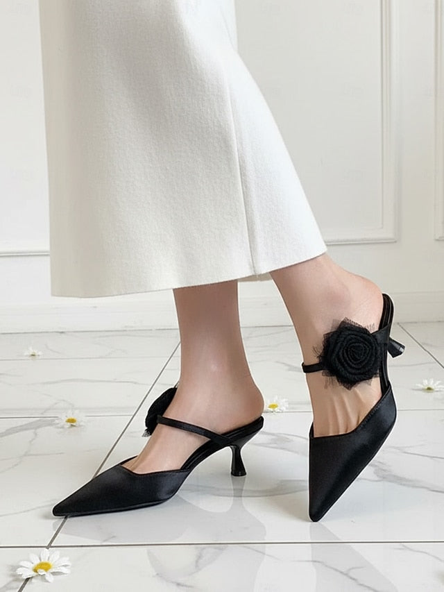 with Floral Heels Women's Toe Satin Pointed Green Ankle