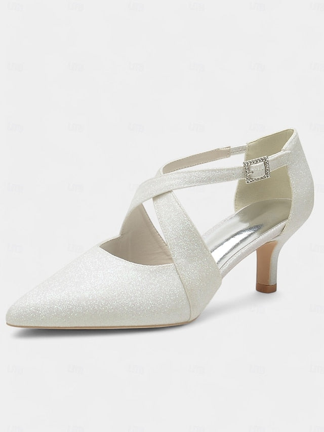 Strap Heels White Kitten Cross Buckle Glitter Rhinestone with