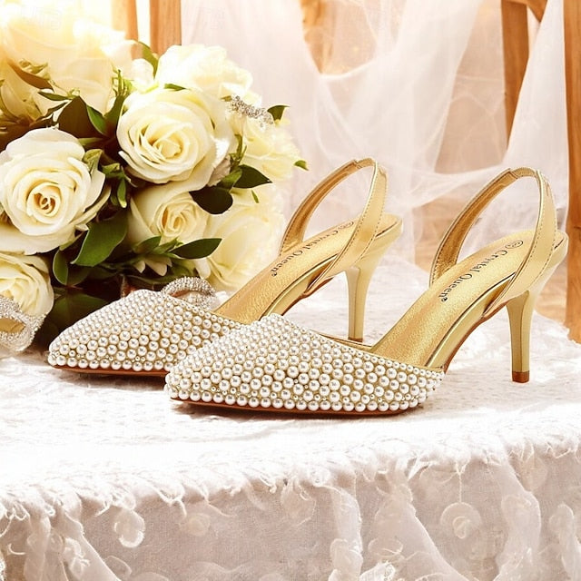 – Heels Pearl Slingback Embellishments White Women's with