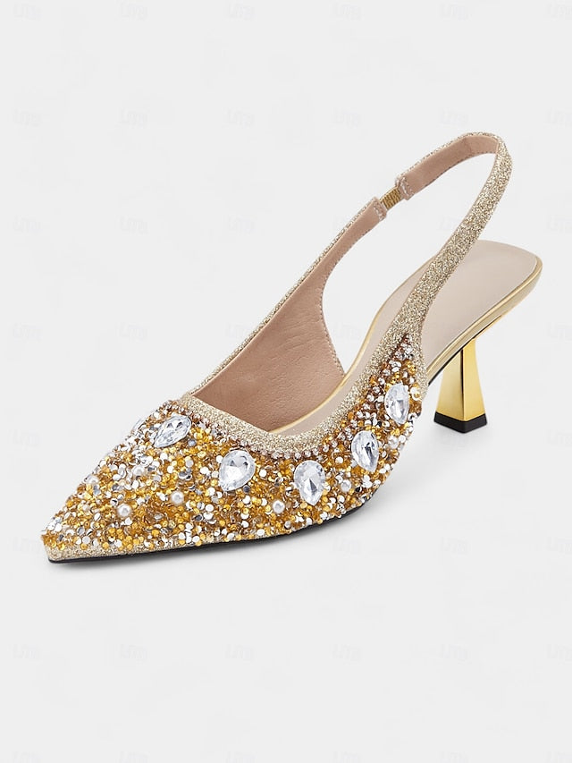 Pearl Rhinestone Women's Slingback with Heels Gold