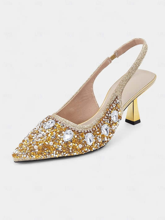 Pearl Rhinestone Women's Slingback with Heels Gold