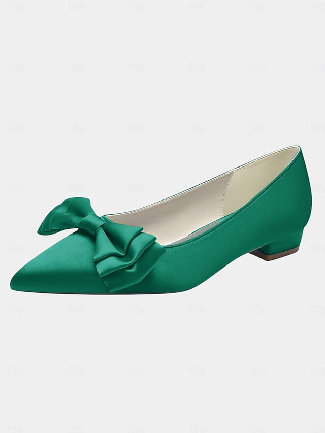 Green Bow Elegant Pointed Toe - Satin Flats Women's