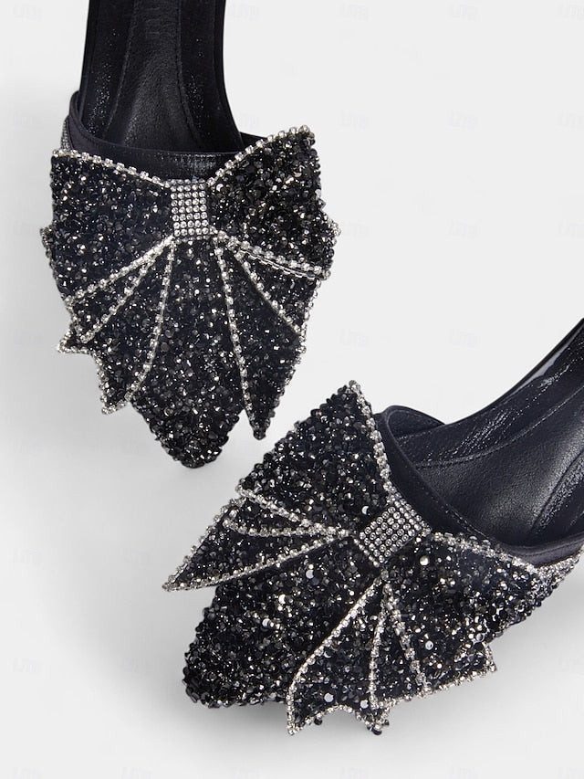 – Black Perfect Mules for Rhinestone-Bow Parties Flat and