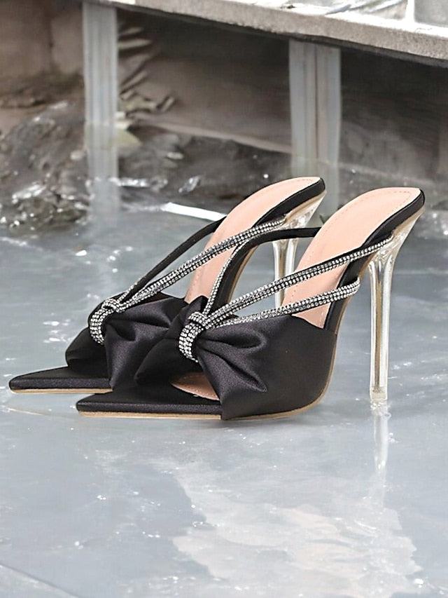 Heeled Pink – Women's Rhinestone Sandals Satin Bow Hot