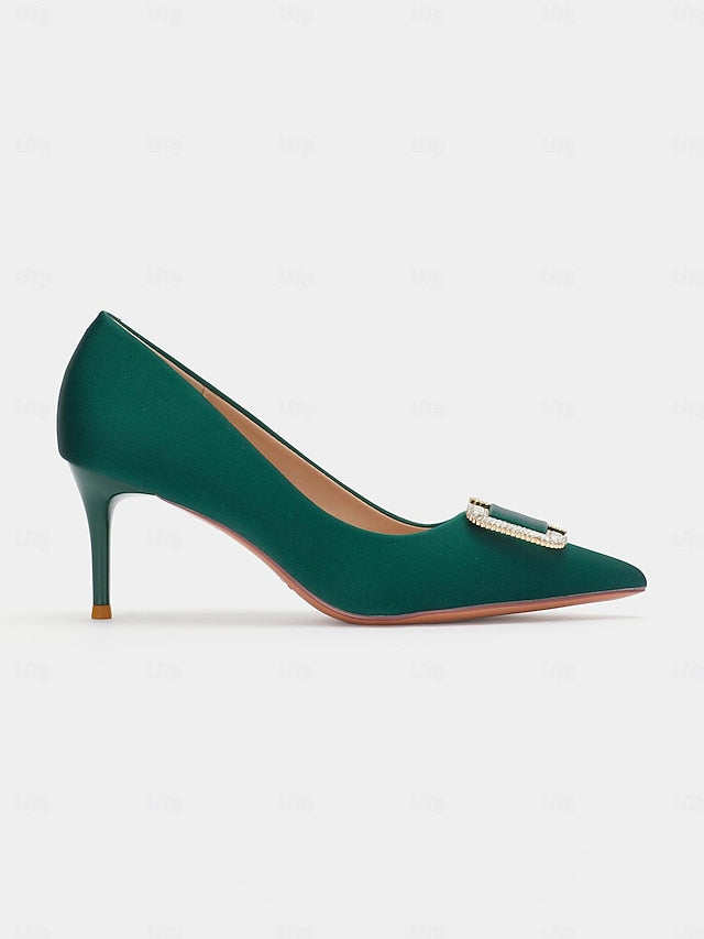 with for Buckle Women: Green Pumps Elegant Rhinestone Satin