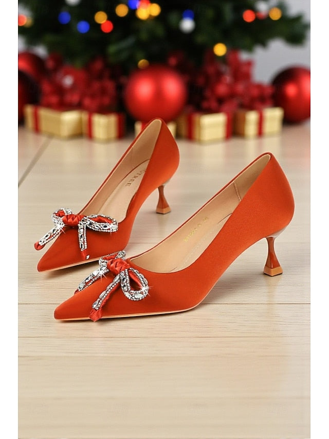 Pointed Bow Stiletto Women's Orange - Crystal with Heels