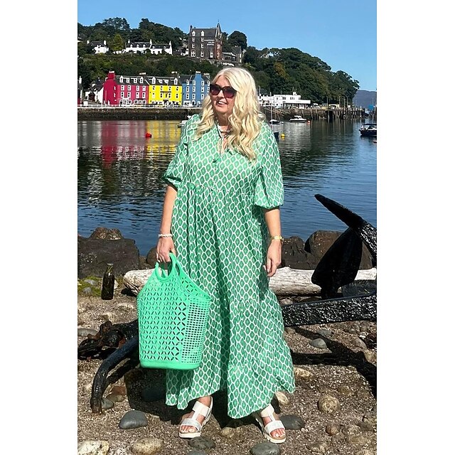 Women's Long Dress Boho Chic Dress Green 3/4 Length Sleeve