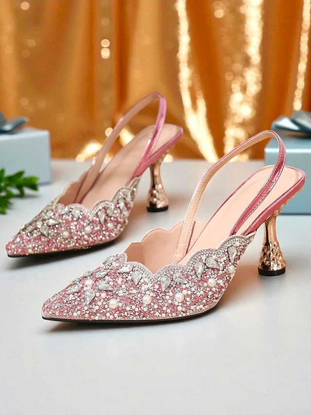 Toe Slingback Heels Pink - Pointed Women's Rhinestone Party