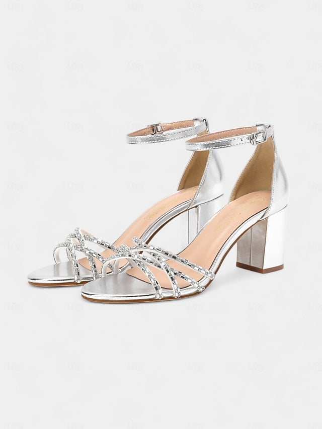Heel Silver Strappy Sandals with Block Rhinestone Metallic