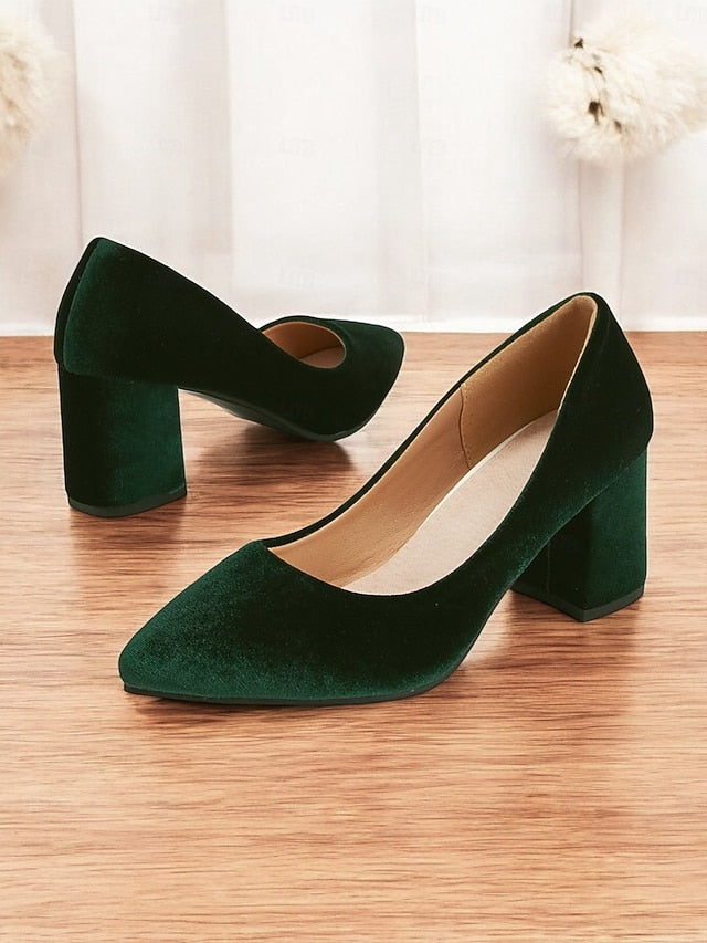 Green Velvet Toe - Block Women's Elegant Pumps Heel Pointed