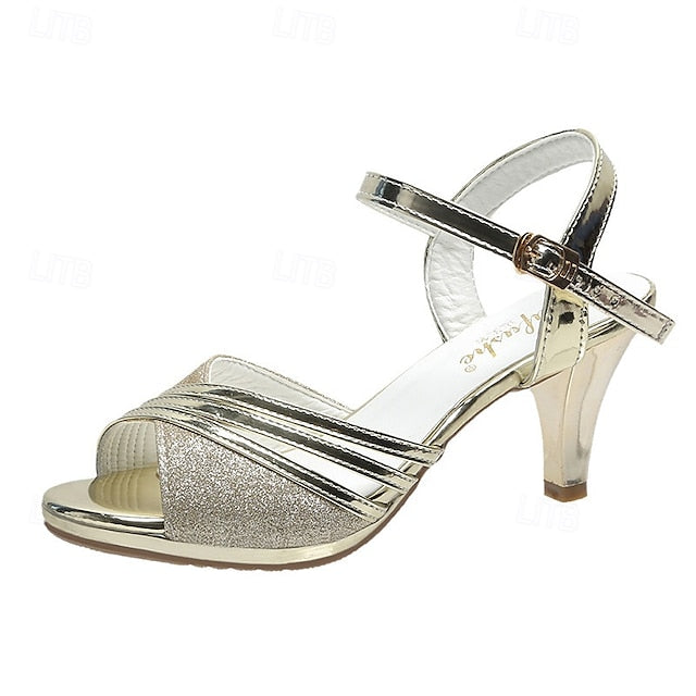 Mid Silver with Heel Women's Straps Glitter - Sandals