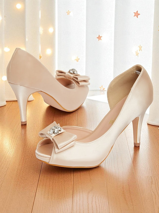 and Women's Champagne Heels with Bow Peep Satin Toe