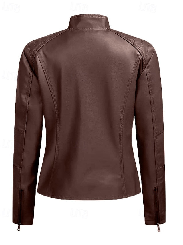 Jacket Comfortable Zipper Faux Women's Pocket Leather