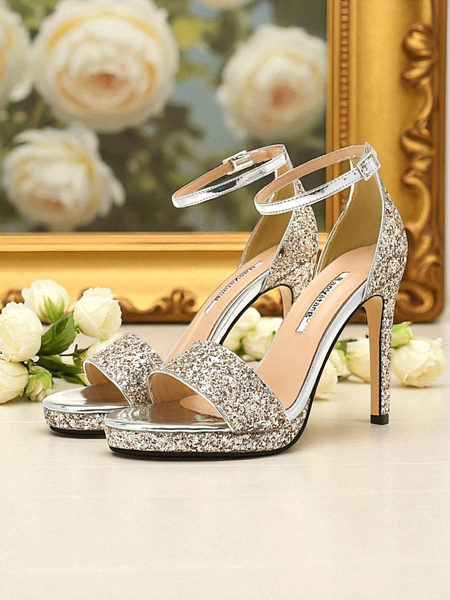 Ankle Women's High Sandals Silver with Strap Glitter Heel
