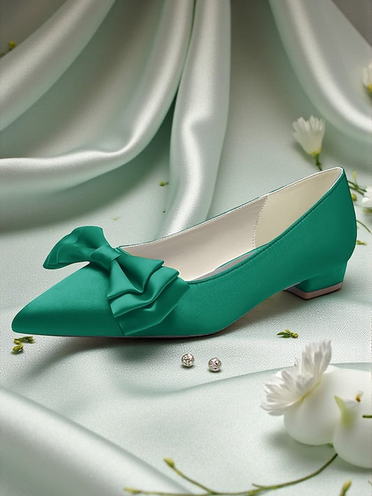 Green Bow Elegant Pointed Toe - Satin Flats Women's