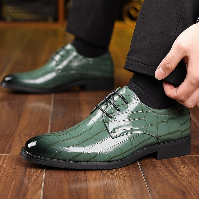 Men's – Print Leather Shoes Faux Green Crocodile Oxford