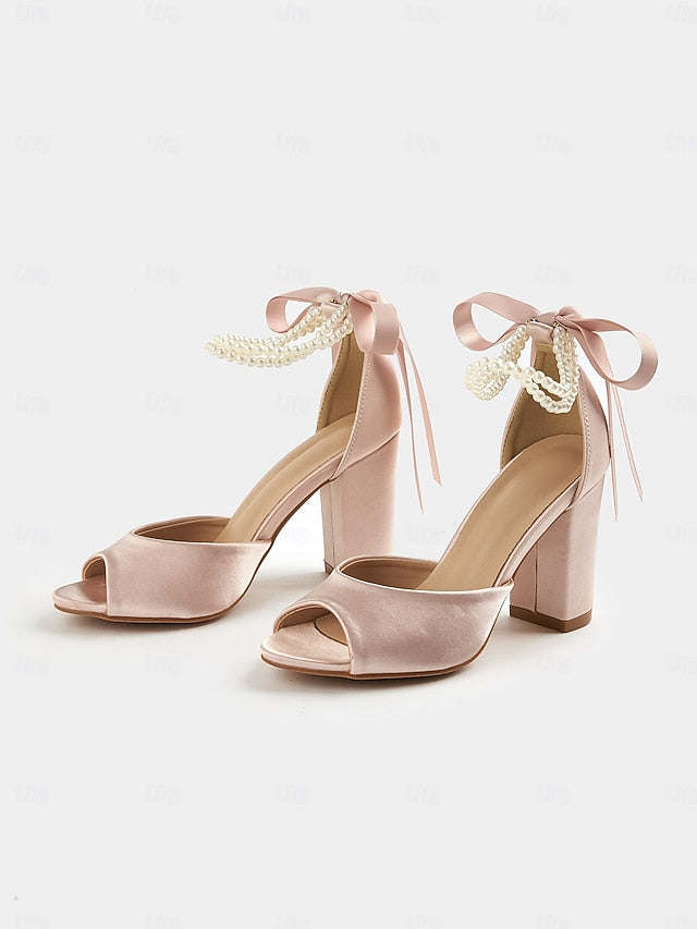 Heel Satin Block with Sandals Peep-Toe Pearl Women's Ankle