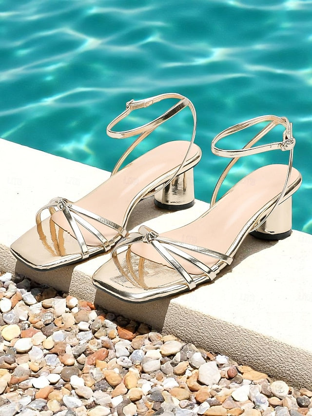 Gold Block Ankle Women's Heels Shiny Metallic Strap –