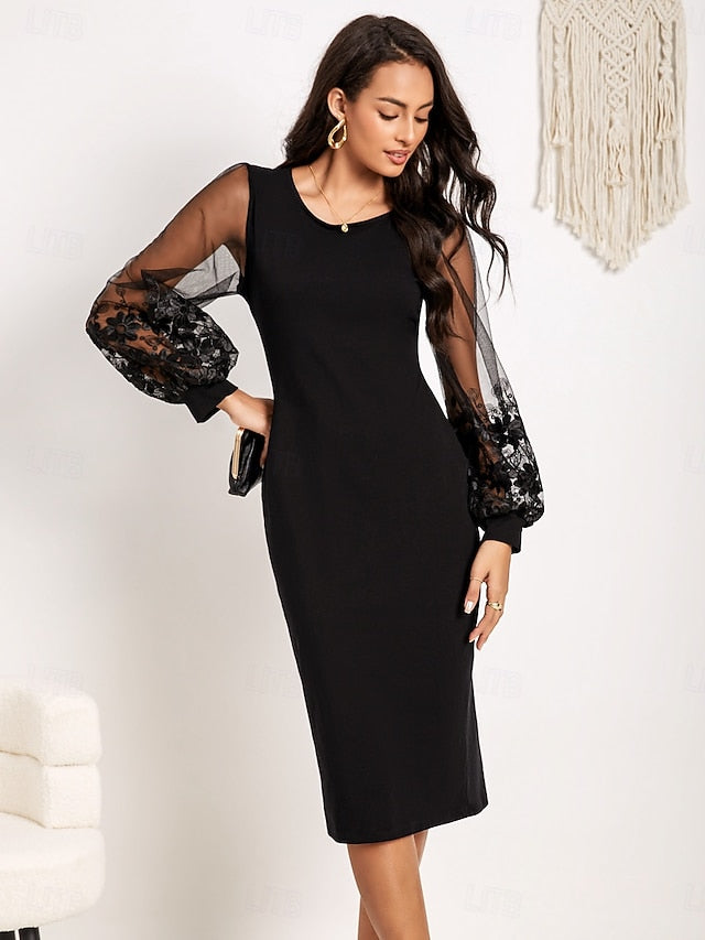 Women's Tea Length Black Dress Lace Dress Elegant Christmas