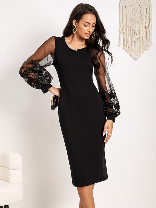 Women's Tea Length Black Dress Lace Dress Elegant Christmas