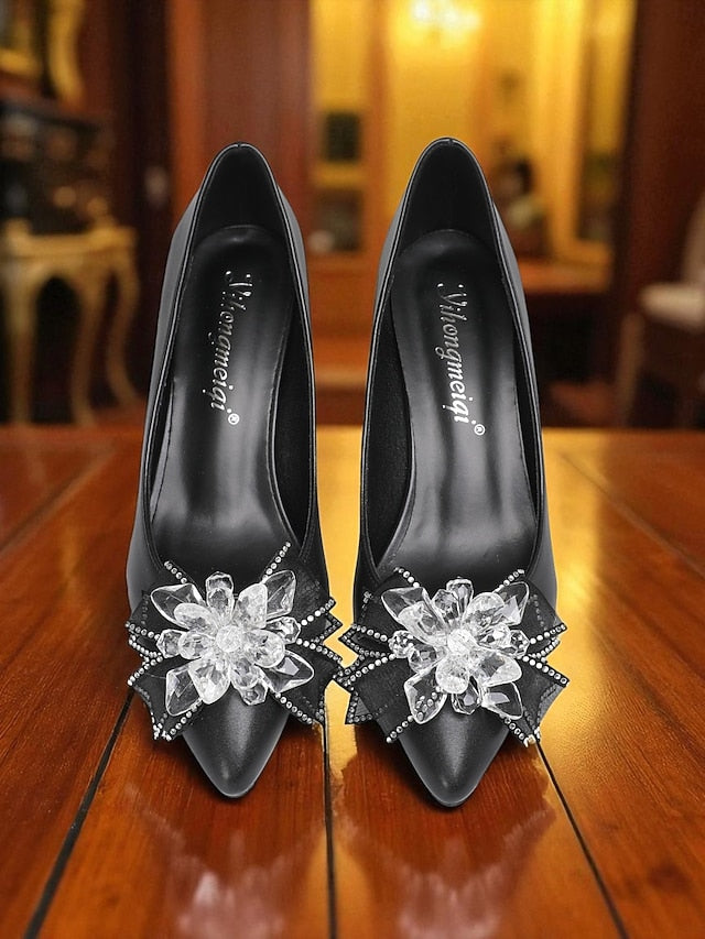 Women's Wedding White Bow Shoes Crystal with Low Heel