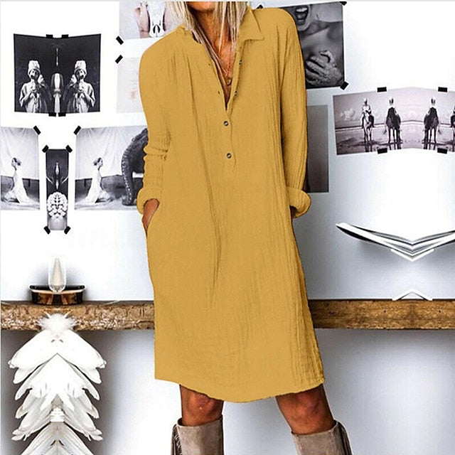 Women's Midi Dress Faux Cotton Linen Shirt Dress Casual