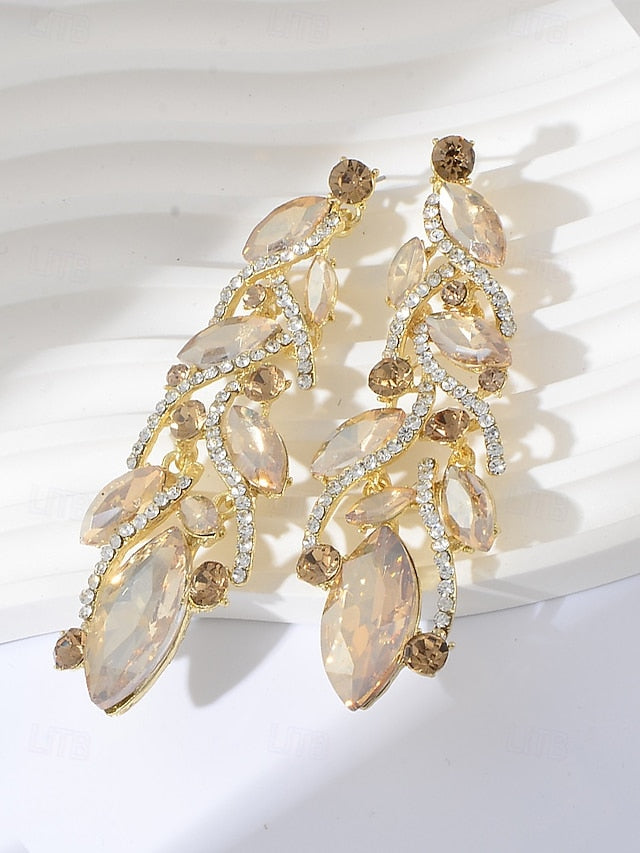 Gold Crystal Earrings Leaf Design Elegant - Women's