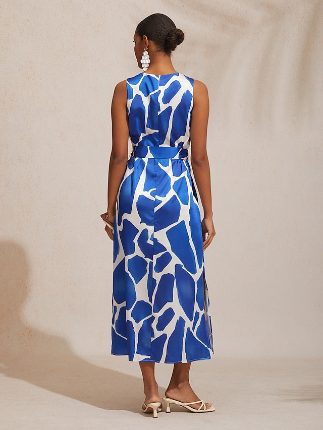 Vacation Geometric Color Block Print Straight Fit Satin Maxi