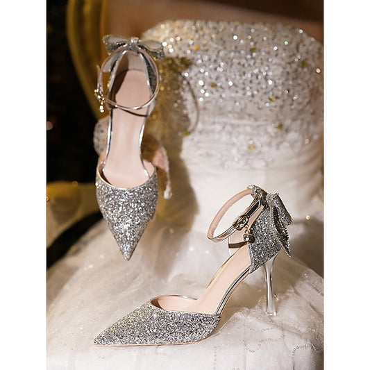 Heels Bow Toe Sparkly Glitter Silver Pointed Women's -