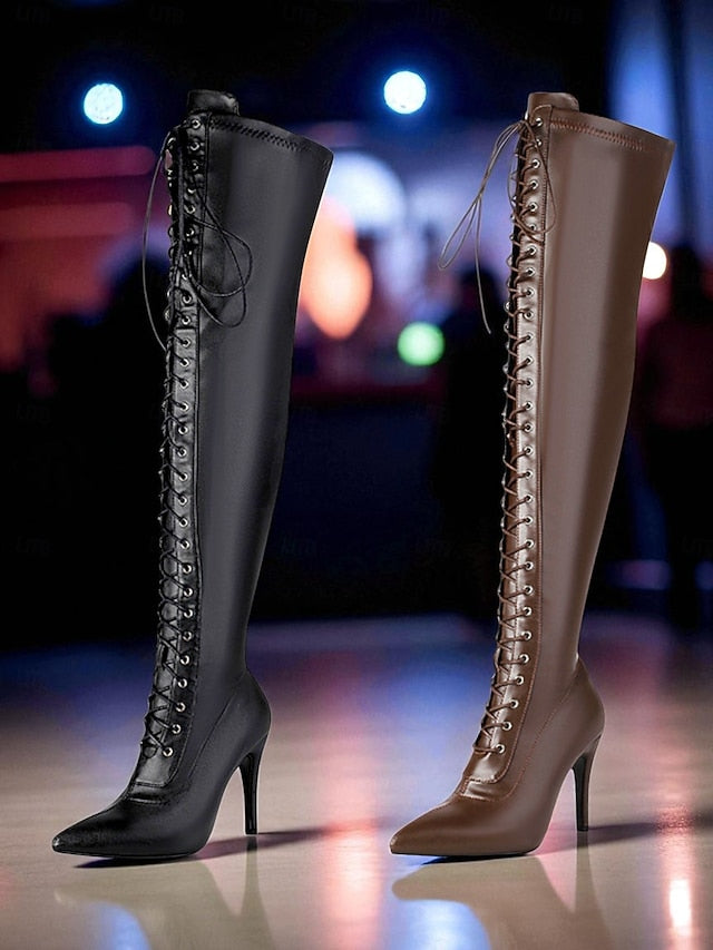 Lace-Up - the Brown Women's Over Stiletto Knee Sexy Boots